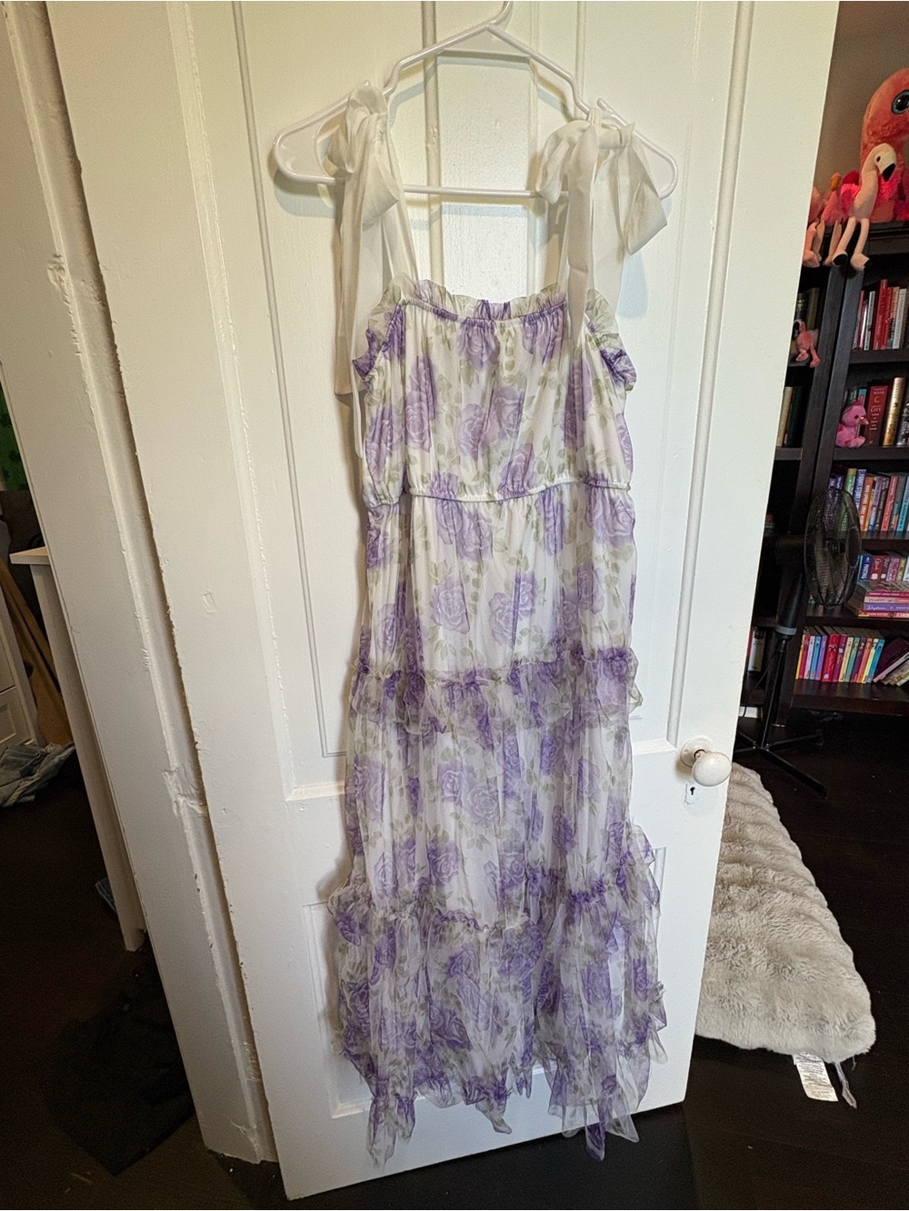 Women’s White and Lavender Floral Tie-Shoulder Maxi Dress